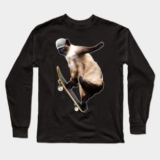 Siamese Cat Kitty Skateboard Skating Skateboarding Funny Long Sleeve T-Shirt